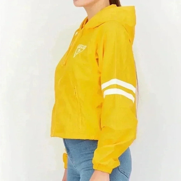Women Sport Fit Hooded Long Sleeve Embroidered Logo Jacket, Yellow Size XL - Picture 2 of 6